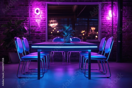 A conference table in a room with neon lighting
