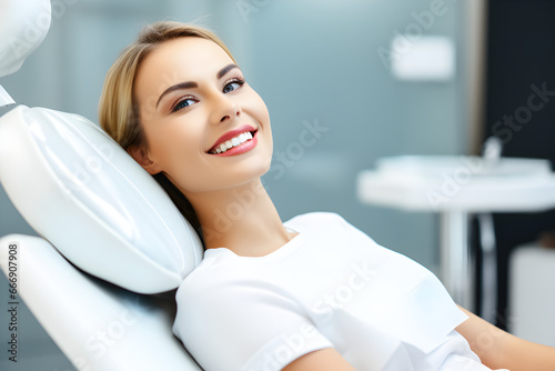 portrait of a smiling woman sitting on dentist chair
