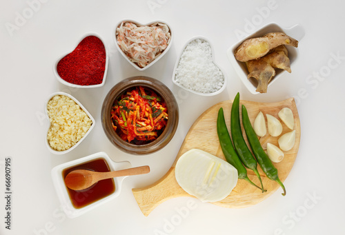 The Korean traditional food Kimchi ingredients in the heart shape bowl. Fish sauce, minced garlic, red pepper powder, salted shrimp, sea salt, ginger and mixed seasoning with radish. Top view. 
