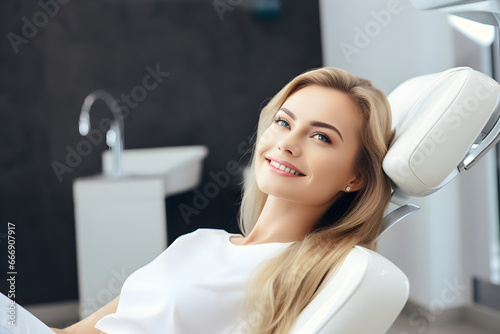 portrait of a smiling woman sitting on dentist chair
