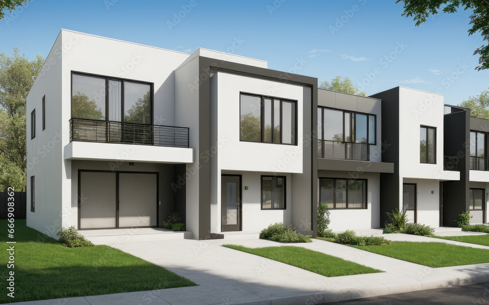 Modern apartments residential townhouses. Street with modern modular private townhouses. Appearance of residential architecture
