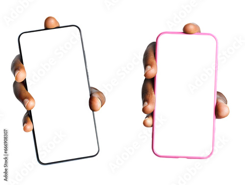 Black hands showing phone with transparent blank screen to camera isolated on transparent background . pointing phone screen to camera. phone screen mockup. photo