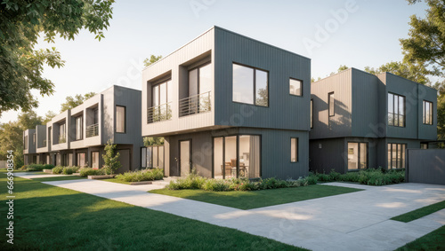 Modern apartments residential townhouses. Street with modern modular private townhouses. Appearance of residential architecture © Celt Studio
