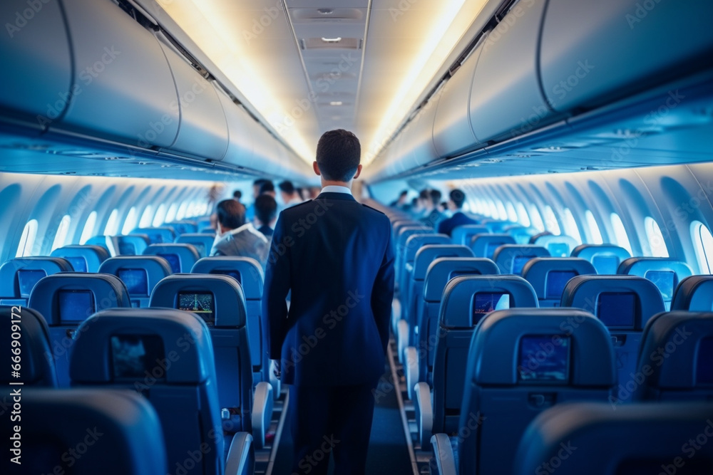 Interior of airplane with passengers on seats and stewardess in uniform walking the aisle, serving people, Commercial economy flight service concept, blur view, aesthetic look