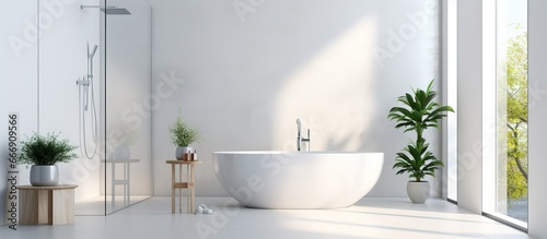 A modern bathroom with a see through glass wall enclosing a white bathtub and shower