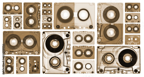 Foto cassette tapes collage in knolling pattern, view from above