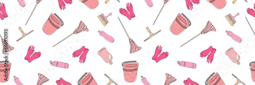 Seamless pattern. Cleaning equipment background. Vector illustration isolated on white background. Cleaning products one line. Vector . Vector illustration