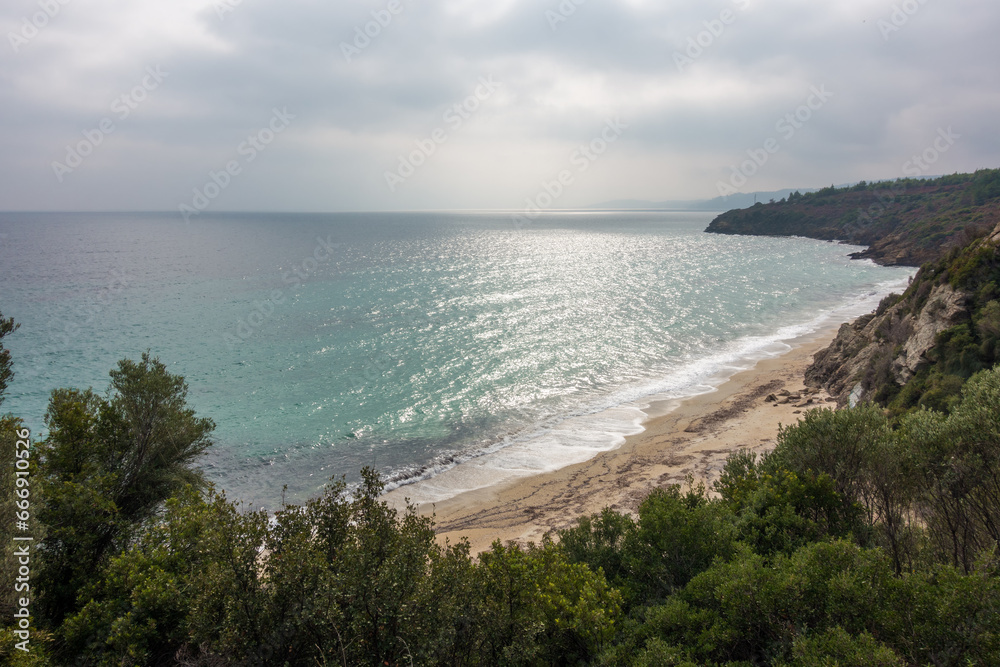 Beautiful scenery by the sea close to Pyrgadikia village, Chalkidiki, Greece, on a cloudy day