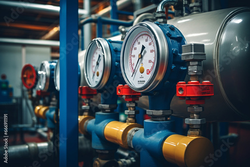 Industrial concept, equipment of the boiler-house, - valves, tubes, pressure gauges, thermometer, Close up of manometer, pipe, flow meter, water pumps and valves of heating system in a boiler room