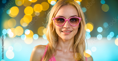 attractive blonde woman in pink glasses on bright bokeh background. night time. front view young women standing at night time with bokeh of street light. copy space