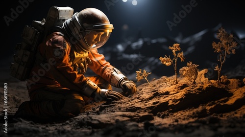 Astronaut in an illuminated suit carefully examines and interacts with foreign plant life on a dimly lit, unknown planet. 