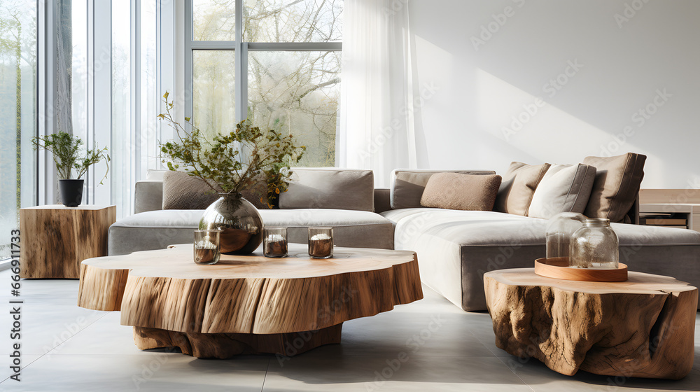 Two wooden live edge stump coffee tables near corner sofa in spacious apartment. Scandinavian minimalist home interior design of modern living room - obrazy, fototapety, plakaty 