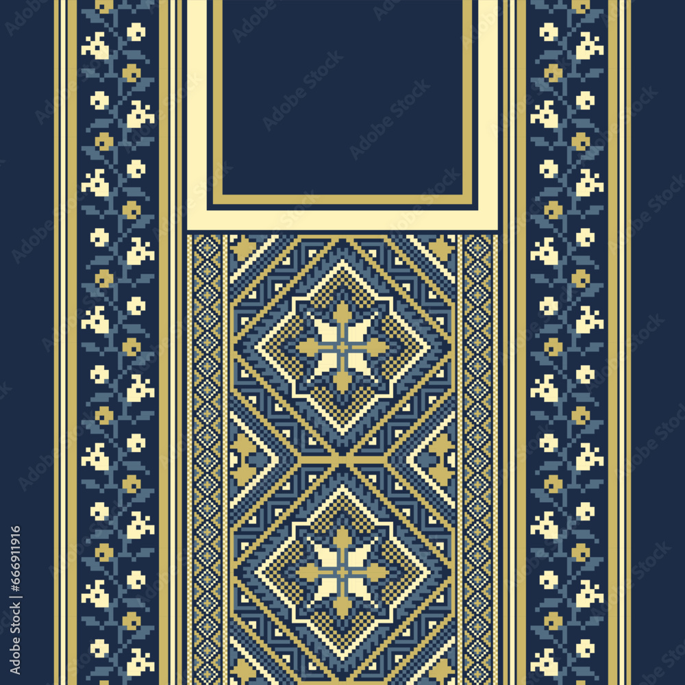 Obraz premium floral embroidery neckline background. ikat and cross stitch geometric seamless pattern ethnic oriental traditional. Aztec style illustration design for carpet, wallpaper, clothing, wrapping, batik. 