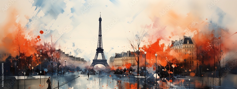 A mesmerizing watercolor depiction of Paris with the iconic Eiffel Tower standing tall amidst a fiery sunset backdrop.

