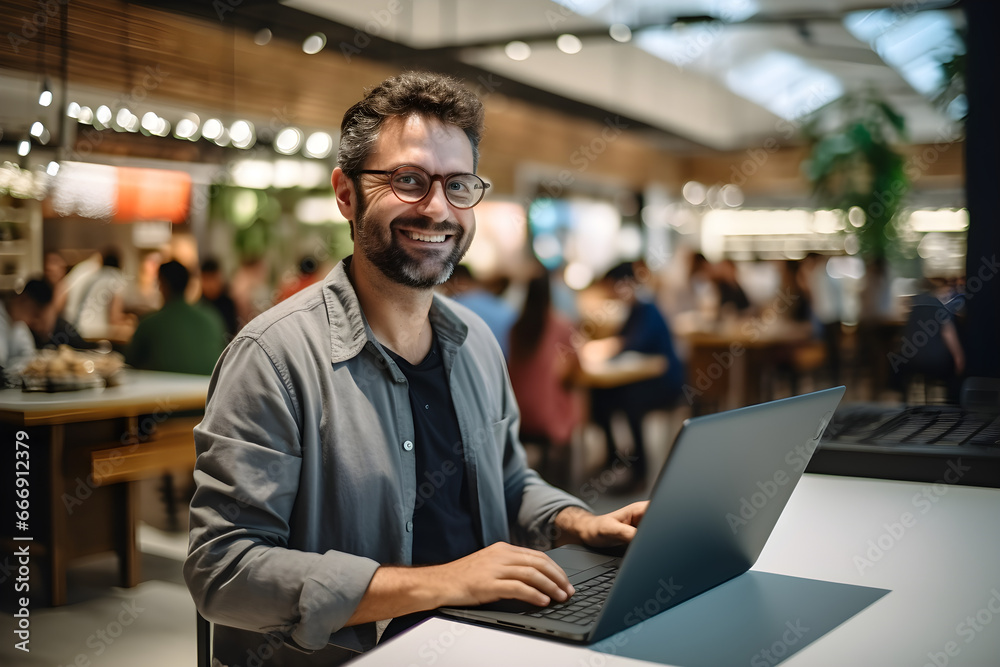 man with glasses working on laptop in cafe smiling at camera man with glasses working on laptop in cafe smiling at camera