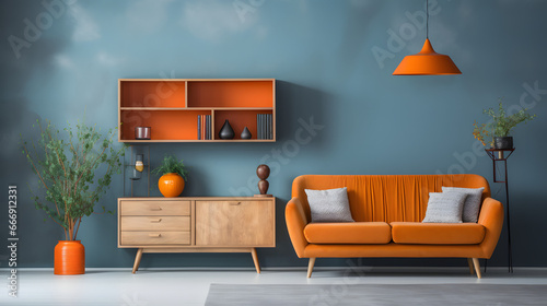 Vibrant orange sofa near blue wall with wooden cabinet and shelves. Scandinavian interior design of modern stylish living room