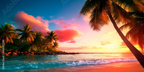 tropical paradise with a gradient backdrop featuring the vibrant colors of a beach at sunset. © Maximusdn