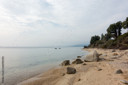 Beautiful scenery by the sea close to Ouranoupoli village, Chalkidiki, Greece, on a cloudy day
