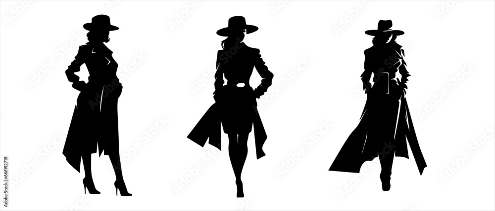 Set vector noir film lady silhouette. Criminal girl illustration. Retro woman portrait. Old school mafia concept. Template for clothes, t-shirt, cards, games design - obrazy, fototapety, plakaty 