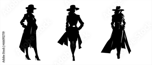 Set vector noir film lady silhouette. Criminal girl illustration. Retro woman portrait. Old school mafia concept. Template for clothes, t-shirt, cards, games design