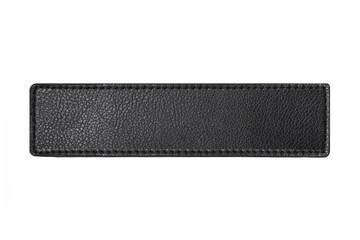 Black leather belt strap closeup isolated on white. Black stitched leather seam frame label tag isolated on white. Empty copy space fashion background. Textile frame cutout.