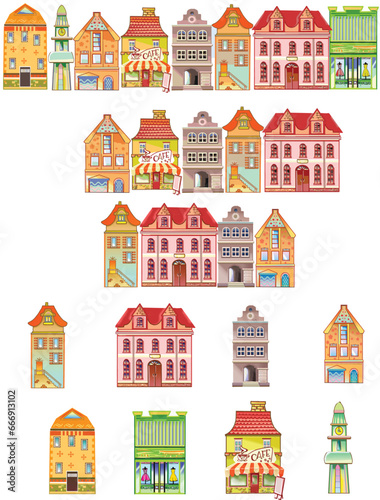 Set of 8 Amsterdam Old Houses Cartoon Facades.  Design Resources