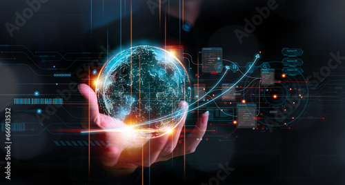 Businessman hand holding the earth global virtual shown corporate future growth year 2023 to 2024. New Goals with Plans and Visions for Next Year 2024, Opportunity, challenge and business strategy.