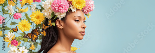 Surreal african american woman portrait with flowers over head on blue background. Concept of environmental friendliness and naturalness of cosmetic products. copy space. Generative Ai #666913576