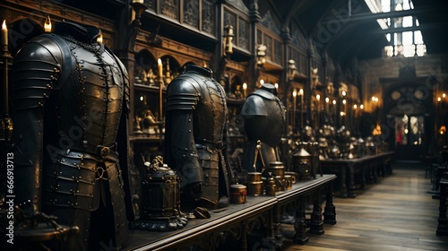 A Suit of Armor hanging nobody in castle room background  photo