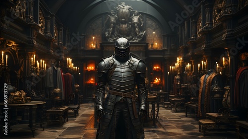 A Suit of Armor hanging nobody in castle room background 