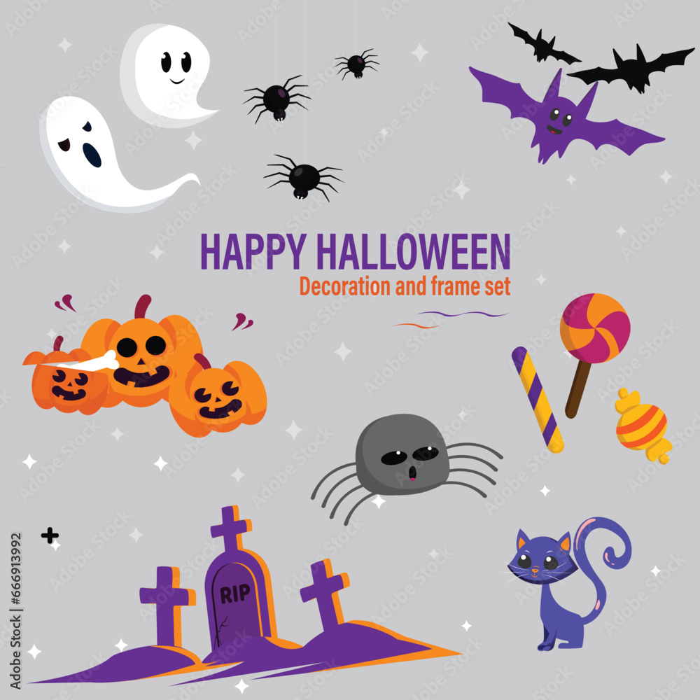 Halloween Illustrations and Decorations. This collection includes frames, pumpkins, and more. Vector eps8 file