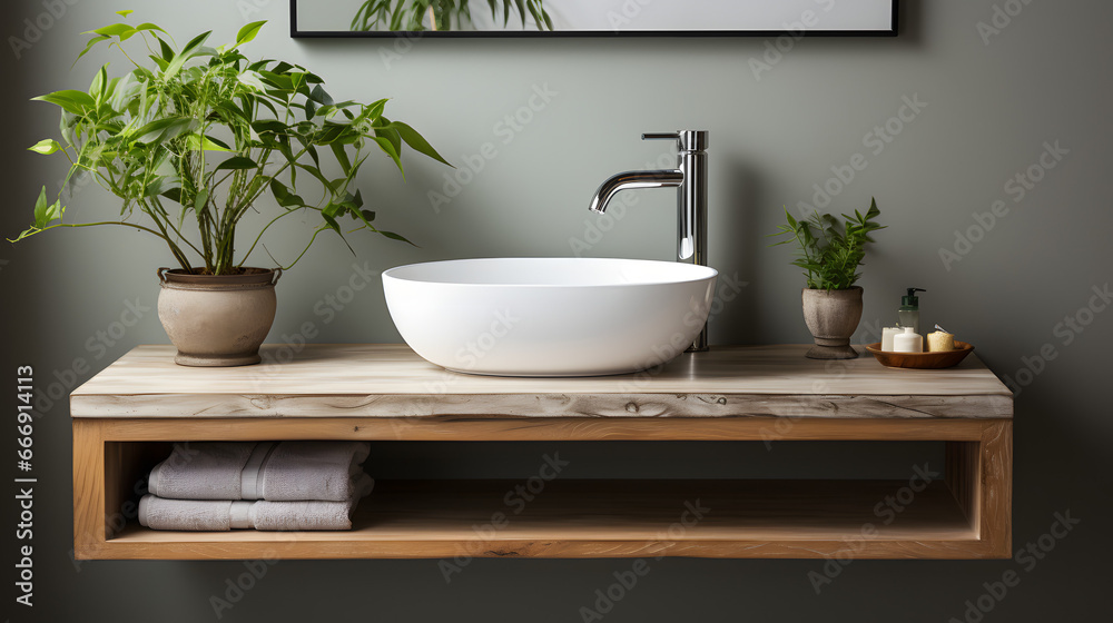 Wall-mounted vanity with white ceramic vessel sink. Interior design of ...