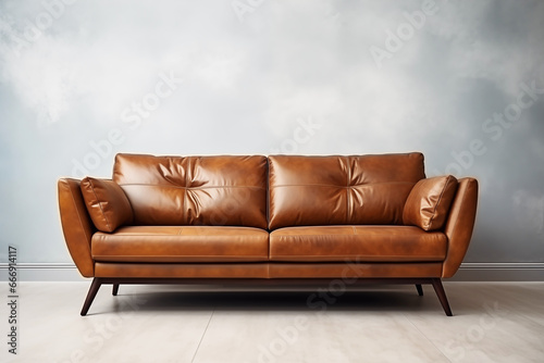 Soft brown leather sofa modern design isolated in a room with gray walls. © BK_graphic