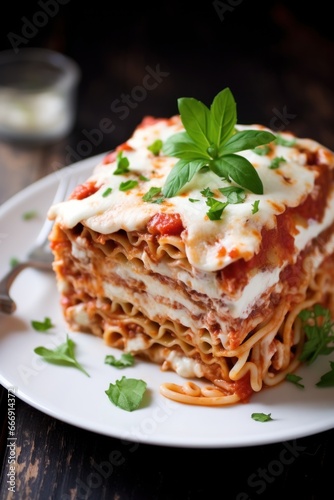 Lasagna with minced meat, cheese and tomato sauce on white plate. Dark background. Side view. Free Space.