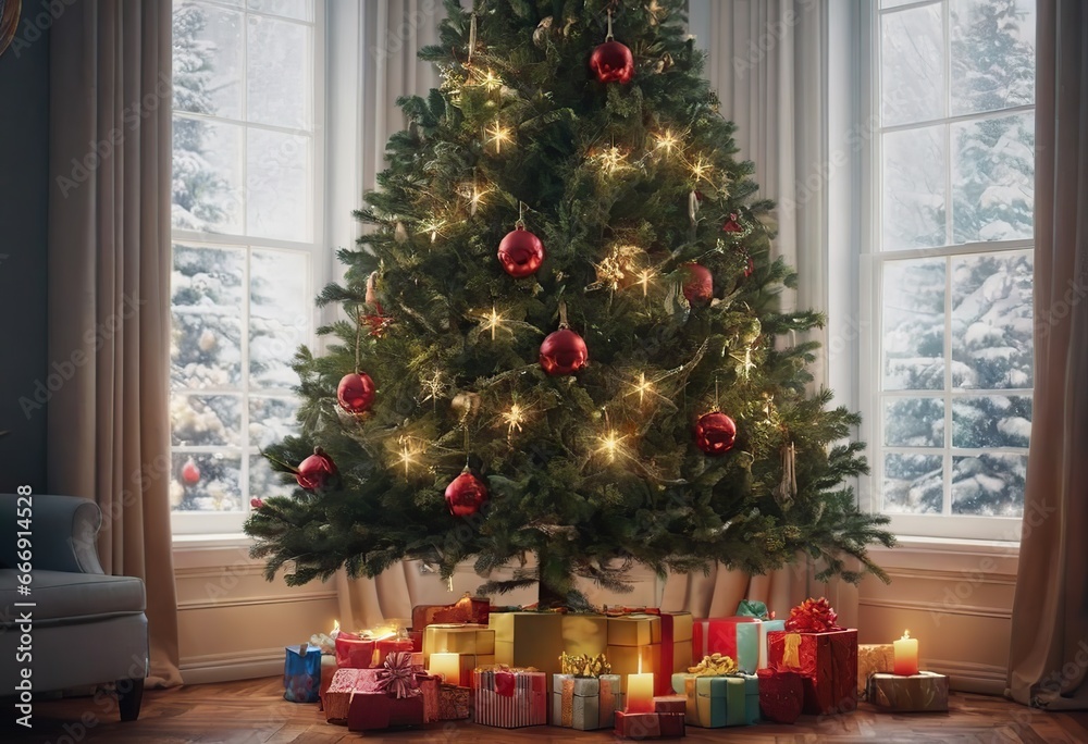 The background of the winter Christmas holiday with green fir branches and decorations, a Christmas tree and gifts in the interior.