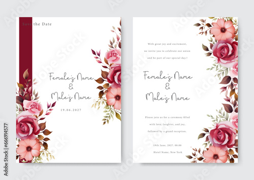 Wedding invitation card background with golden line art peach anemone flower and pink roses .