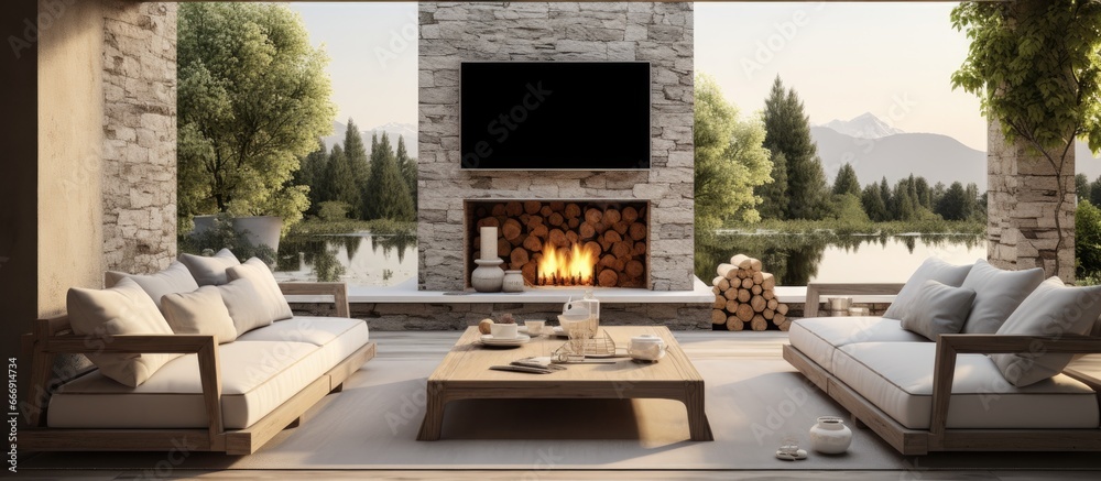 Upscale outdoor living room with spacious stone fireplace TV rug and ...