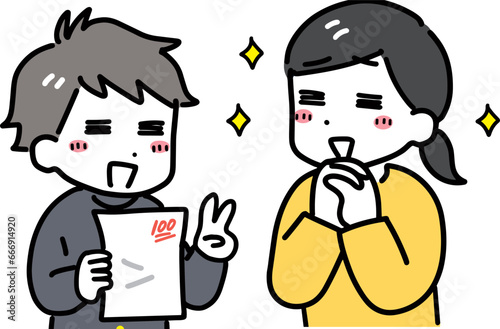 テストで100点を取った男の子と喜ぶ母親