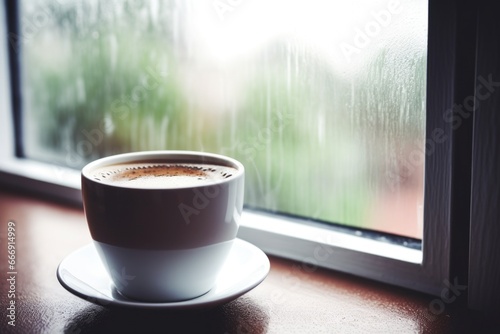 a home-brewed cup of coffee on a window sill photo