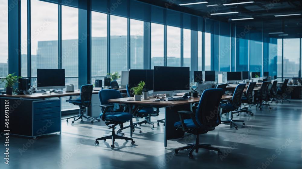 Office interior with panoramic windows and city view. Workplace and technology concept