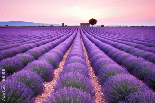 a wide shot of lavender fields at sunrise