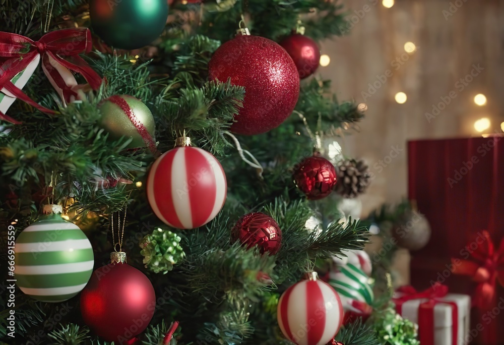 Fototapeta premium The background of the winter Christmas holiday with green fir branches and decorations, a Christmas tree and gifts in the interior.