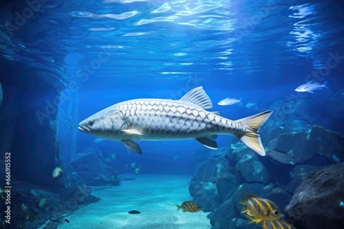 a fish swimming freely in a big aquarium