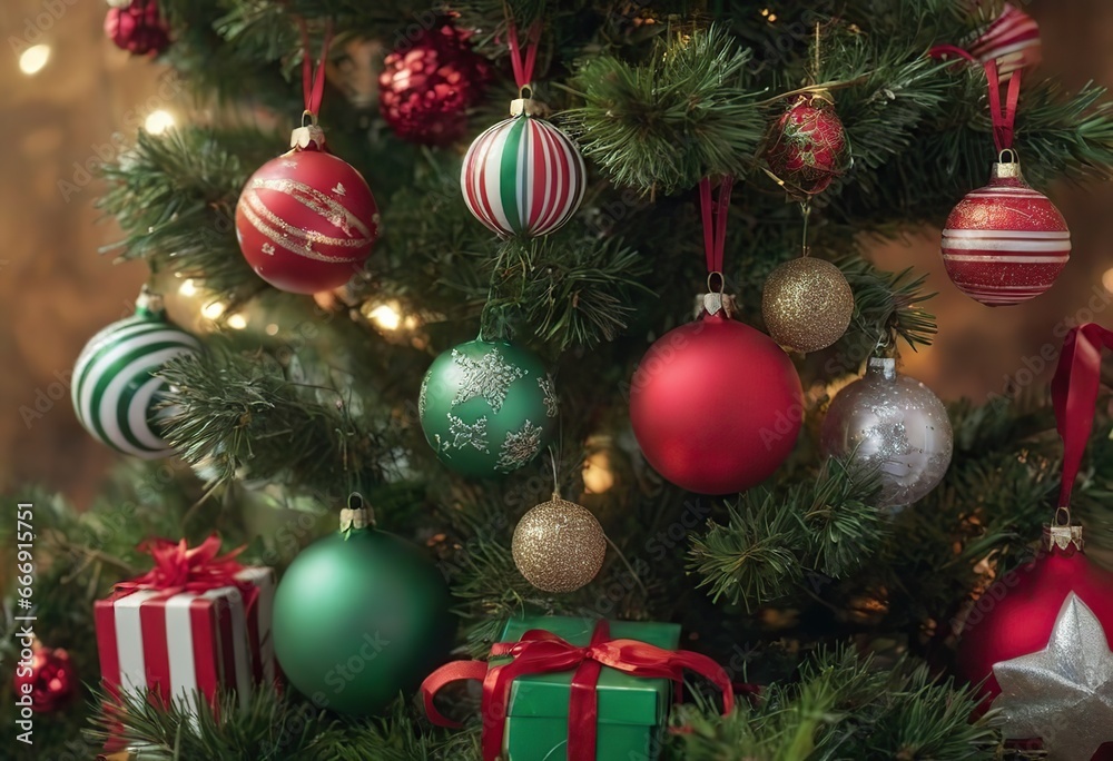 The background of the winter Christmas holiday with green fir branches and decorations, a Christmas tree and gifts in the interior. The background of the winter Christmas holiday with green fir branches and decorations, a Christmas tree and gifts in the interior.