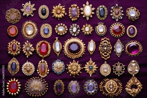 antique brooches laid out on velvet background