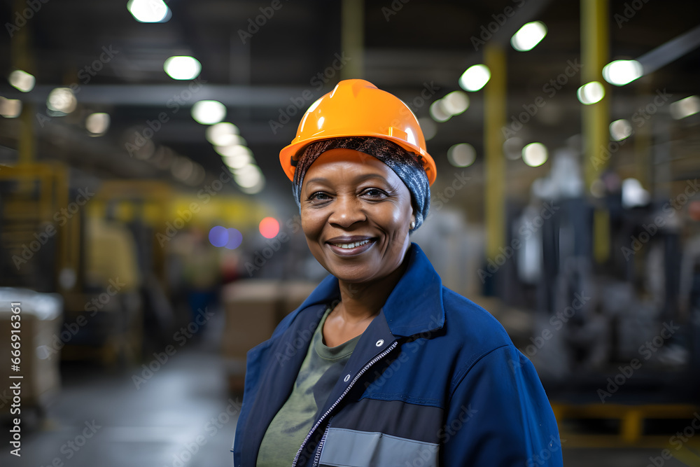 A happy female senior African American worker in a factory