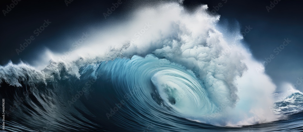 Ninth wave symbol of tremendous danger Tsunami like wall of water turbulent Pacific waves over 8 meters rugged basalt beauty - obrazy, fototapety, plakaty 