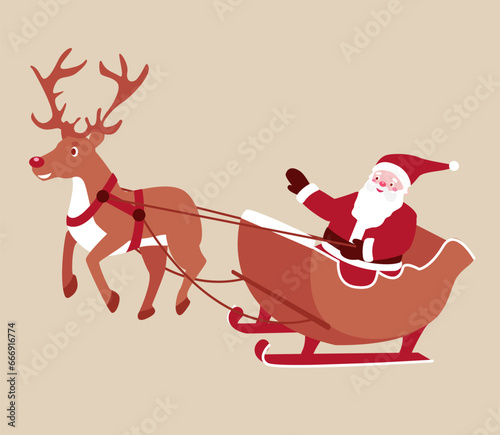 Santa Claus in a sleigh. Red-nosed reindeer. Vector. photo
