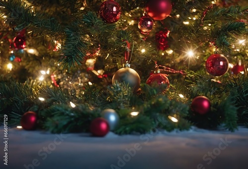 The background of the winter Christmas holiday with green fir branches and decorations  a Christmas tree and gifts in the interior.