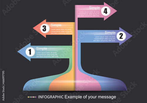 Vector infographic on a gray-black background, modern style with upwards bars with arrows separating left and right, 4 paths, for presentations on education, finance and management.